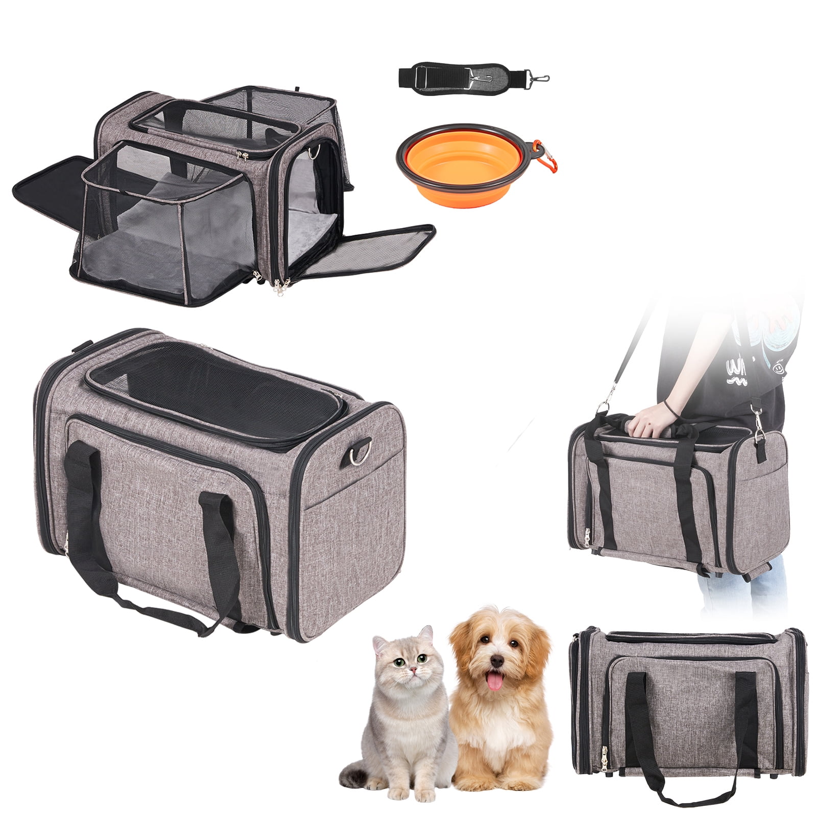 KFFKFF Wheeled Pet Transporter, Compliant with Air Travel Regulations, Extendable Handle and Shoulder Harness, Canine Transporter for Animals Weighing Less Than 25 lbs, Includes 1 Collapsible Dish