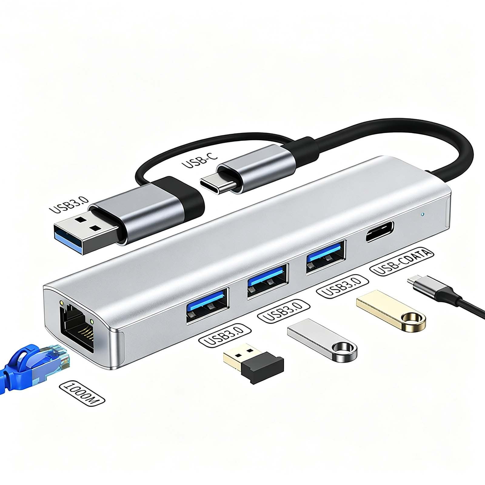 USB 3.0 To Ethernet Adapter 5 In 1 Multiport Hub, Xinsrenus Gigabit LAN Network Adapter With Type-C Power Port, 3X USB 3.0 Ports Up To 5Gbps For Laptop PC