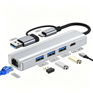 USB 3.0 To Ethernet Adapter 5 In 1 Multiport Hub, Xinsrenus Gigabit LAN Network Adapter With Type-C Power Port, 3X USB 3.0 Ports Up To 5Gbps For Laptop PC