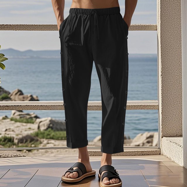 FcBaudy Full Length Pants Men's Casual Holiday Pocket Drawstring Solid Color Elastic Waist Cropped Pants Men Pants