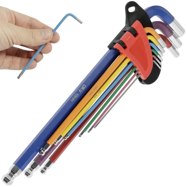 9Pcs Metric Allen Key Set Metal Hex Key Allen Wrench Set 9 Sizes Chrome Vanadium Steel Long Arm Hex Key Kit with Ball End and Color Coding for Repair Furniture Car Bike Toy