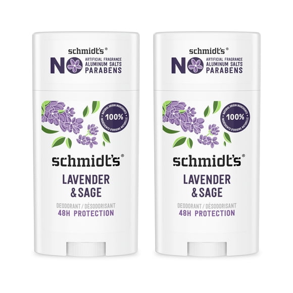 Schmidt's Aluminum-Free Vegan Deodorant Lavender & Sage with 24 Hour Odor Protection 2 Count for Women and Men Natural Ingredients Cruelty-Free 2.65 oz