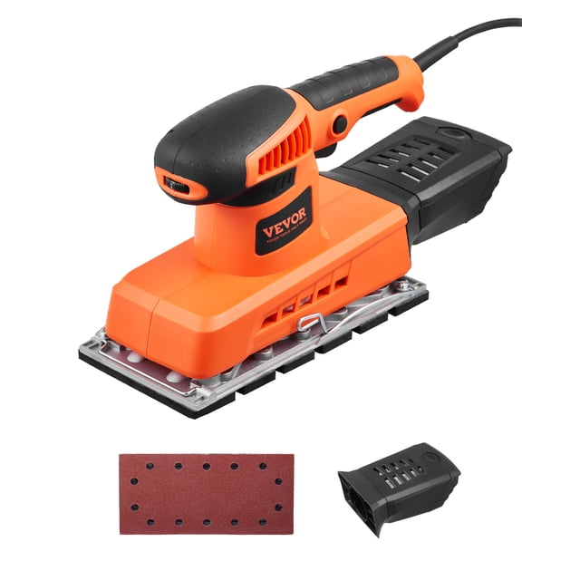 VEVOR 1/2 Sheet Sander with 320W motor and adjustable speed up to 12,000 RPM, designed for woodworking and furniture restoration. Features a bright orange and black ergonomic design, a detachable dust collection box, and quick sandpaper replacement system. Ideal for achieving smooth, flawless finishes.