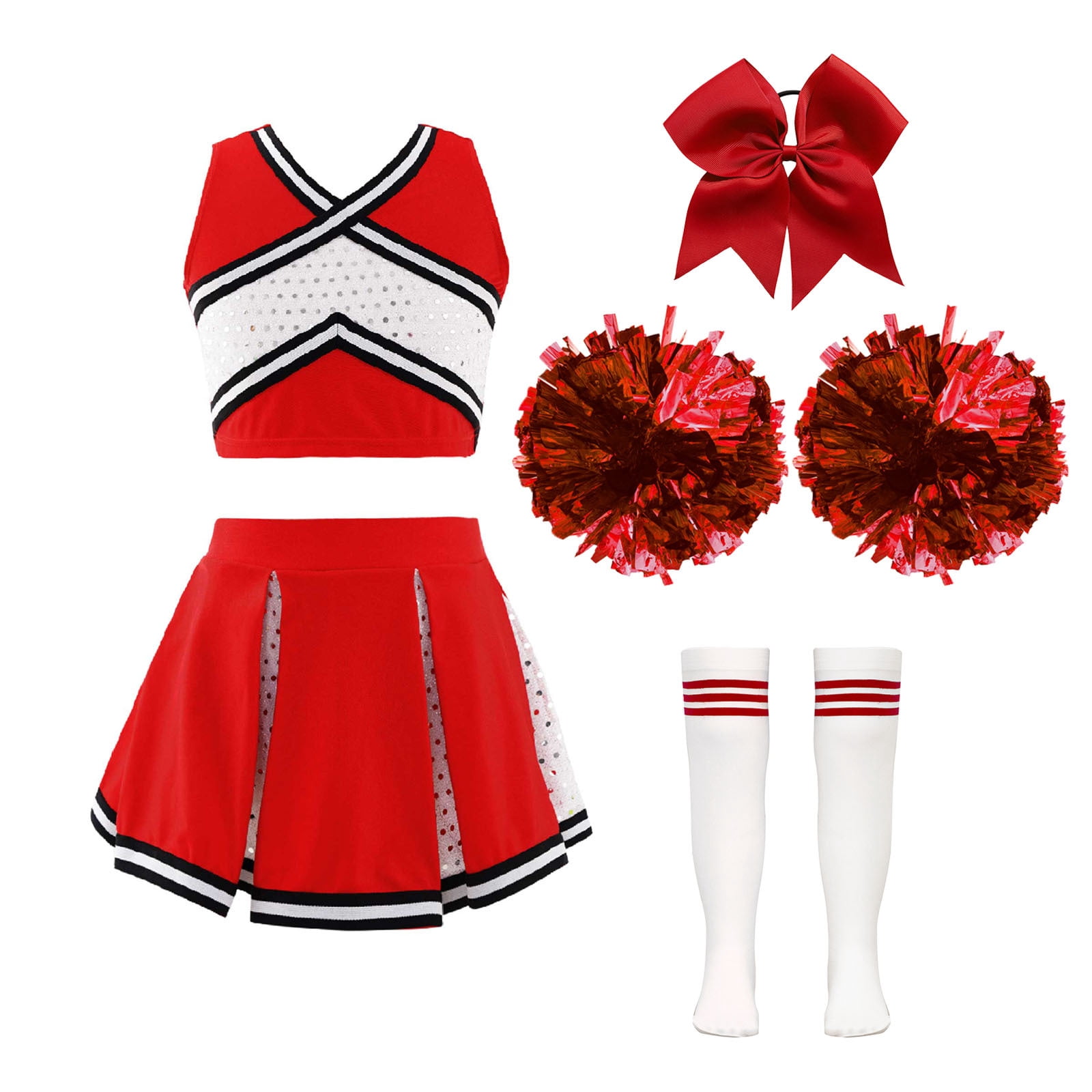 Aislor Robe de Cheerleading pour Filles Enfants Tenue d'Uniforme de Cheerleader et Couvre-Chef Ensemble de Chaussettes à Pompons Costume Rose Vif 10
