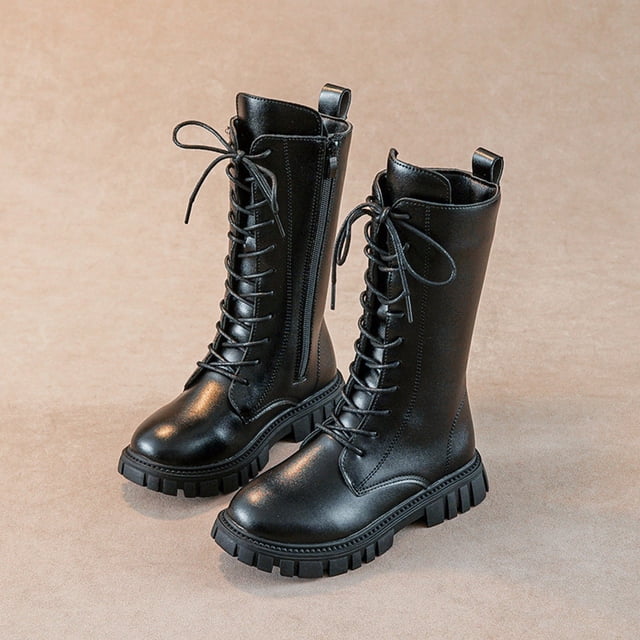 XIMIN Girls PU Leather Mid Calf Ridding Boots Lace Up Non Slip Combat Boots Fashion Waterproof Side Zipper Punk Goth Boot Fall Winter Boots