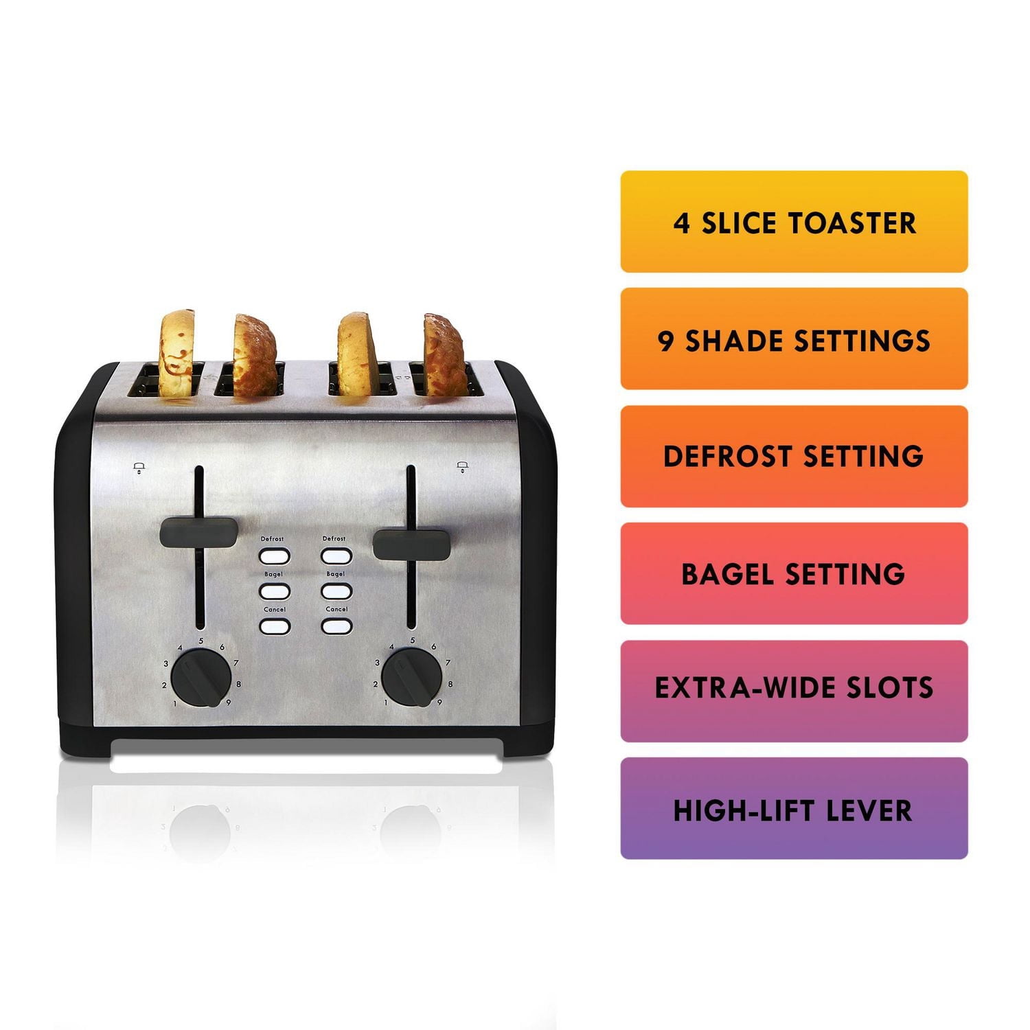 Kenmore Grille-pain 4 tranches en acier inoxydable, commandes doubles, fentes extra larges, 9 niveaux de brunissage pour griller et bagels