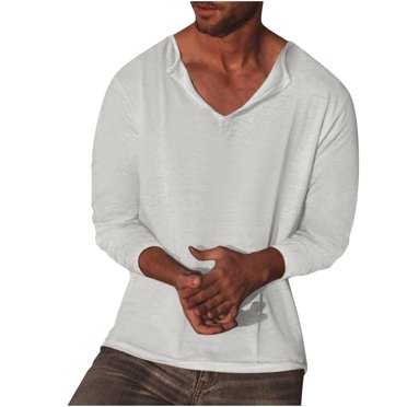 Virmaxy Men Fall Solid V-Neck Breathable Comfortable Long Sleeve Shirt 100% Bamboo Cotton Fashion White Tops Suitable For Running Lounging Casual Workout Up To XXXL