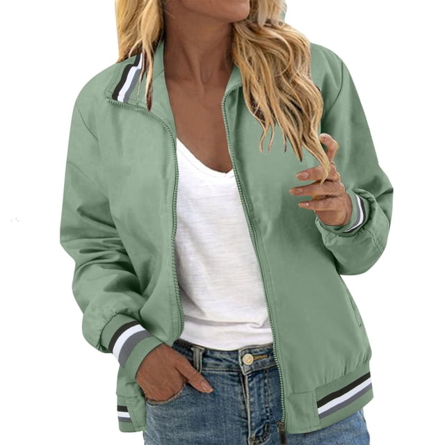 MIASHUI Women Bomber Jacket Lightweight Jacket Zip Up Coat Casual Bomber Jacket,Green,L