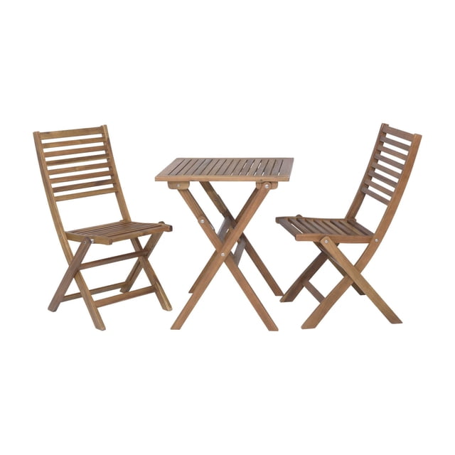 Dura Oxford 3 Piece Set includes a square folding table and two folding chairs made of solid acacia wood with slatted seats and backs in a natural wood finish, designed for outdoor patio, porch, garden, or balcony use.