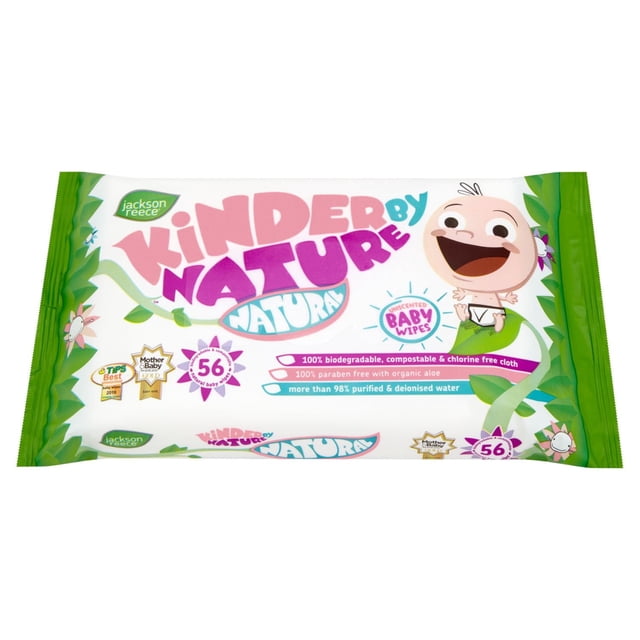 Jackson Reece Ltd Kinder by Nature Natural Unscented Baby Wipes pack with 56 biodegradable, compostable, and chlorine-free cloth wipes containing organic aloe, paraben-free formula, and over 98% purified deionised water, featuring a cartoon baby and green leaf design on the packaging.
