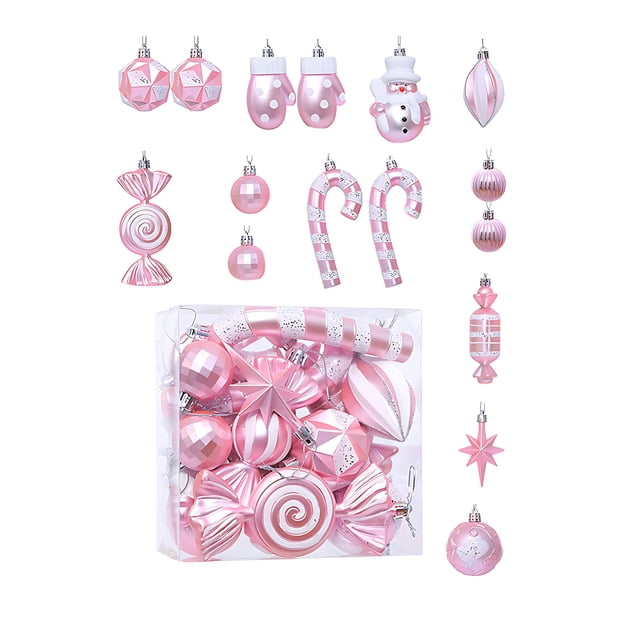 TopLLC 32 Pcs Christmas Tree Hanging Ornaments Set, Pre-Tied Shatterproof Plastic Assorted Baubles with Rope, Glitter Xmas Tree Decorative Pendants Christmas Decorations for Party Holiday Wedding