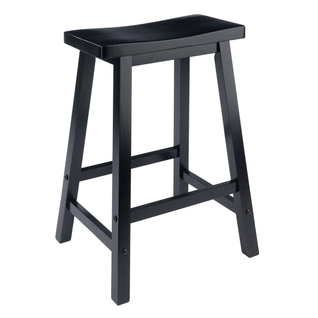 Winsome Satori Saddle Seat Counter Stool in black finish, crafted from solid beech wood with a 24-inch seat height. It has an extra-long, rectangular saddle-shaped seat and crossbars on all four sides for stability and foot support, suitable for kitchen counters or islands.