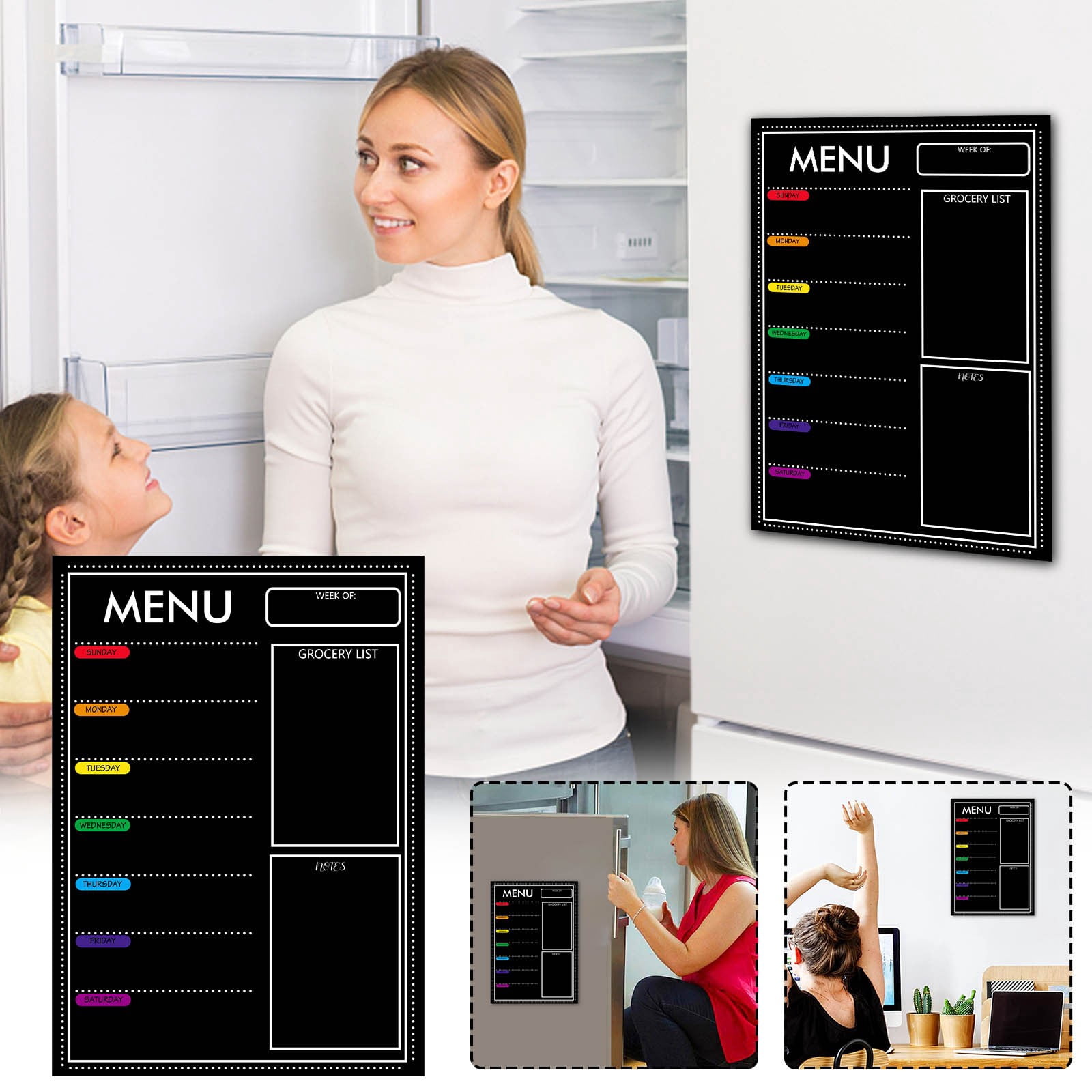 CaiYueKe Magnetic Refrigerator Planner, Monthly Weekly Menu Calendar, Dry Erase Magnetic Whiteboard, Kitchen Organizer Memo Board, Message Notepad, Stain Resistant PET Board, Cute Kitchen Decor