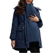 Quilted Maternity Parka for Women 3 Ways to Wear Warm Hooded Down Coat Winter Jacket with Multiple Pockets Peacoat Mid-Length Parkas Oversized Pregnancy Overcoat