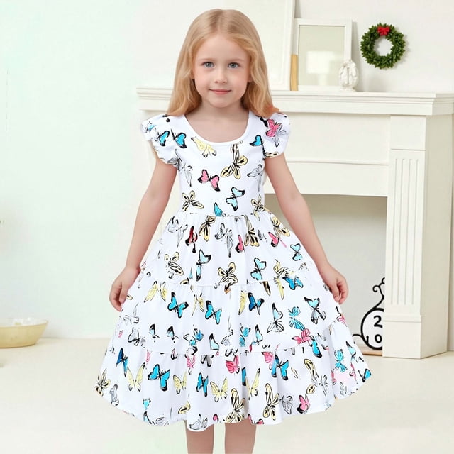 Robes pour Filles Robe d'Été à Imprimé Floral à Manches Courtes Coupe Trapèze pour Activités de Plein Air Décontractée Confortable Mode pour Âges de 6 à 15 Ans