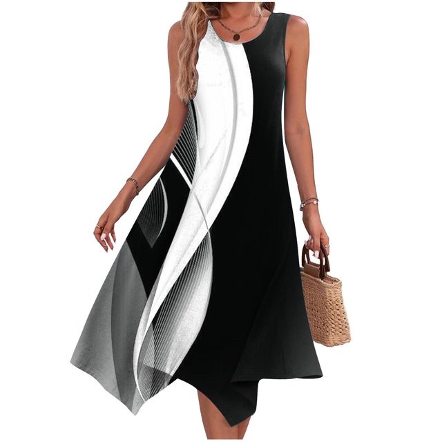 EQWLJWE Robes Maxi Fluides pour Femmes Dégradé, Robes Mini Bohèmes à Volants pour Femmes, Robe Décontractée Ample Sans Manches à Col Rond Ligne A Ourlet Irrégulier Robe de Soirée Florale Évasée Robe d'Été de Plage