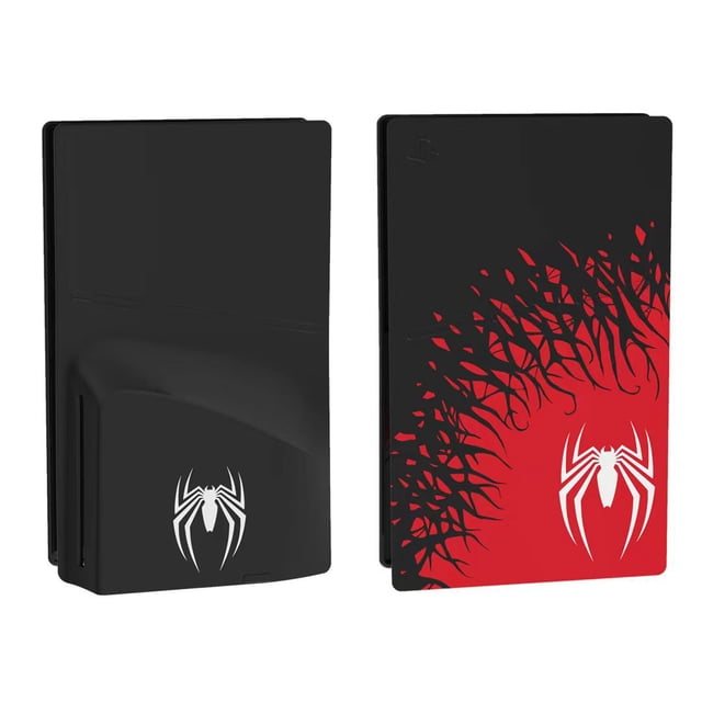 Silicone Protective Cover for PS5 Slim Console Optical Drive Version, a stylish PS5 Slim accessory with a black and red design featuring a white spider emblem. Made from high-quality silicone, it is dustproof, scratch-resistant, and provides full coverage while maintaining ventilation. Precisely cut openings ensure easy access to ports, buttons, and cooling vents.