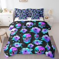 thumbnail image 1 of YST Gothic Skull 7-Piece Comforter Set, King Size, Neon Stars Flowers Print, Polyester, Bedding Set, 1 of 5