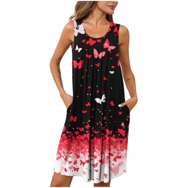 Ovzne Robes d'Été pour Femmes Robe Femmes Femmes Imprimé avec Poches Chemises de Nuit Sans Manches Vêtements de Nuit devant Plissé Nuisette Col Rond Robe de Nuit Robe de Vacances Imprimée Liquidation