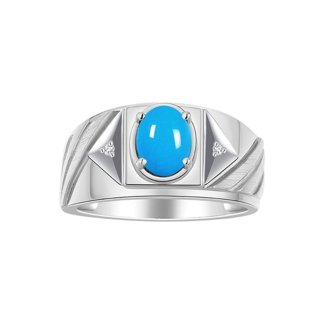 RYLOS Men's Rings 14K White Gold Ring Classic Designer Style 8X6MM Oval Gemstone & Diamond Ring Turquoise Birthstone Rings For Men Size 8