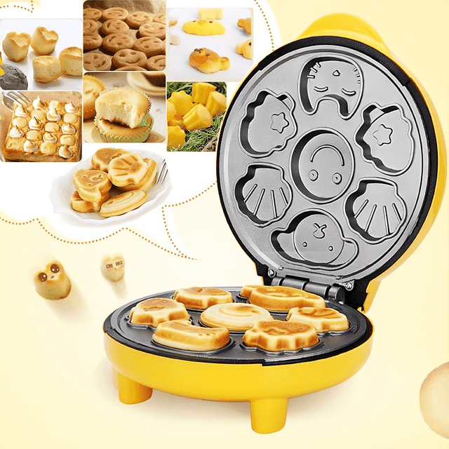 Bamboohart Cartoon Mini Waffle Maker with a vibrant yellow design and non-stick coating, ideal for making seven fun-shaped waffles such as animals and shells. The open lid displays molds filled with freshly baked waffles. This electric waffle maker is multifunctional, suitable for cakes, muffins, bread, and other baked goods. Features a user-friendly interface and built-in safety protection.