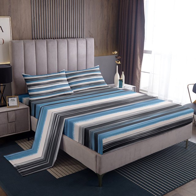 Erosebridal Gradient Gray Blue Bed Sheets Set King Size, Geometry Striped Bedding Sets King Size 4pcs