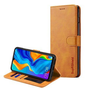 Huawei P30 Brun Véritable SupRShield Portefeuille en Cuir à Rabat Support Étui Magnétique