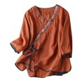 thumbnail image 2 of Blouses pour Femmes, Haut à Manches Courtes en Coton et Lin Style Renaissance avec Broderie pour Femmes, Haut à Manches Courtes à Col en V, 2 of 3