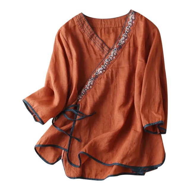 Birdeem Chemisiers pour Femmes Chemisier pour Femmes Broderie Renaissance Coton et Lin Col en V Manches Courtes Haut Manches Courtes Col en V