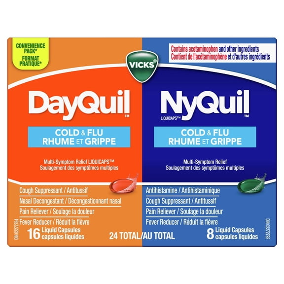 Vicks DayQuil and NyQuil Cold and Flu Symptom Relief, Liquicap Medicine, Multi-Symptom Daytime and Nighttime Relief for Headache, Fever, Sore Throat Pain, Minor Aches and Pains, and Cough, Convenience