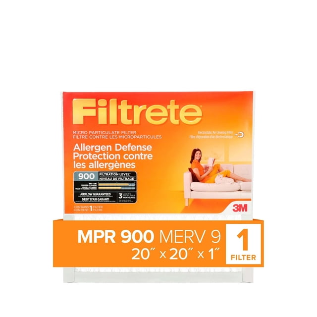 Filtrete™ Allergen Defense Micro Particulate Filter MPR 900 with orange packaging featuring a person seated on a white couch, sized 20 by 20 by 1 inch, designed for residential air purification to reduce airborne allergens with MERV 9 rating.