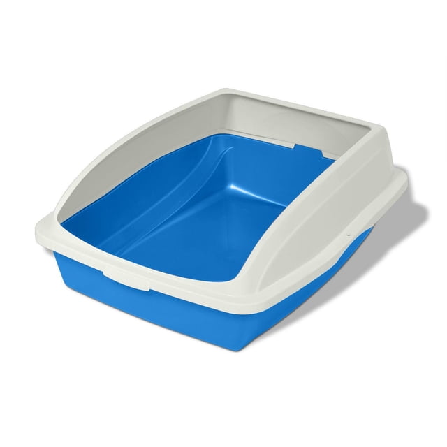 Van Ness Framed Cat Litter Box, Large, with a blue sifting pan and white framed top that adds height to reduce litter scatter and urine spray, made of smooth, polished plastic, measuring 19 by 15.125 by 8 inches, shown from a 3/4 front angle on a white background, suitable for use with most clumping litters.