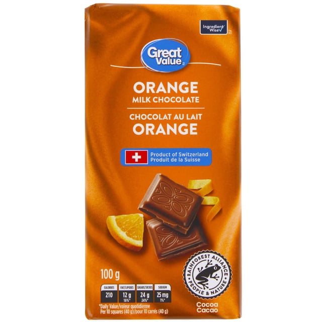 Great Value Orange Milk Chocolate bar in orange packaging featuring the brand logo and bilingual product name. The front shows two embossed milk chocolate squares with a floral design beside orange slices. It is a Swiss product made with Rainforest Alliance Certified cocoa, includes nutrition facts, and supports sustainable cocoa farming. This chocolate bar is often used as a sweet snack or dessert.