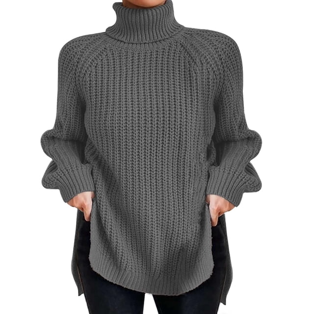 2025 Women's High Neck Womens Sweatshirt Comfy Solid Color Pullover Knit Oversized Pullover Sweaters for Women Sweater with Split Hem Plus Size Sweaters for Women and Bell