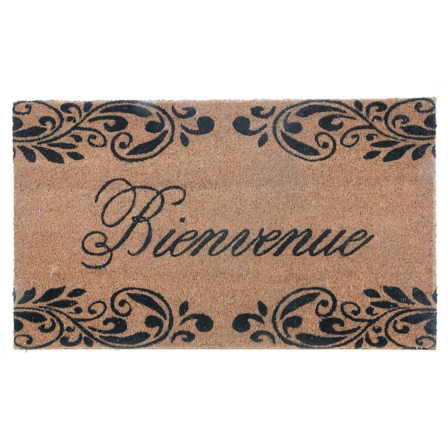 Tapis de Porte en Fibre de Coco « Bienvenue Scroll » 18 X 30 avec Fibres de Coco Naturelles et Bordures Imprimées en Rouleau Noir Mettant en Vedette le Mot « Bienvenue » en script, Offrant une surface durable Qui Attrape la Saleté, Idéale pour les Entrées Intérieures et pour Accueillir les Invités.