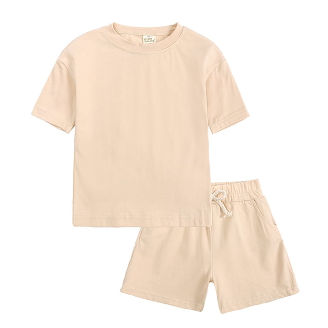 B91xZ Boy's 2 Piece Outfits Summer Short Set Outfit Short Sleeve Ruffle Tops and Pants 2PC Clothing Set,Beige 1-2 Years