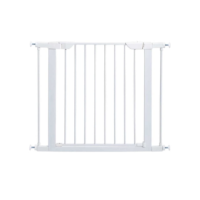 Midwest 29" High Walk-Thru Steel Pet Gate soft white — 29.875 in H, expands 29.5–38 in wide with two 3 in extensions; one-handed walk-through safety gate with spring-loaded latch, 19 in swing door, 2.25 in bar spacing, includes pressure mounts and hardware; often used as a low indoor barrier for pet play areas.