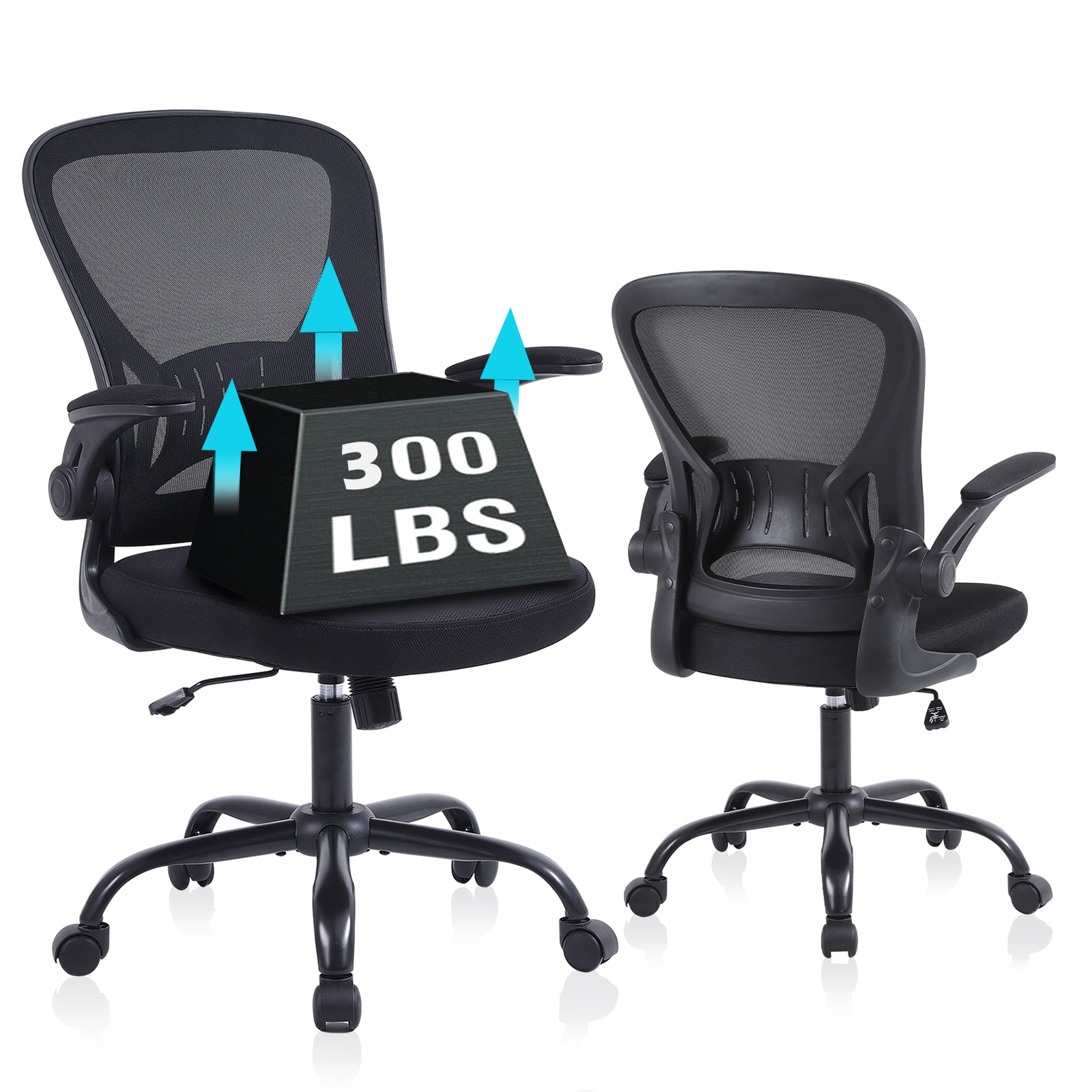 Mesh Office Chair, Ergonomic Computer Chair with Flip-up Arms and Lumbar Support, Height Adjustable Home Office Desk Chairs, Black
