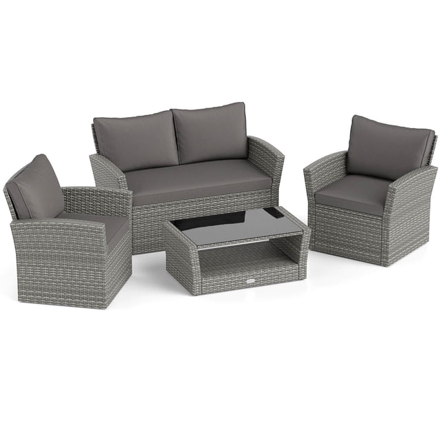 Costway 4 PCS Patio Furniture Set with two gray rattan chairs, a loveseat, and a coffee table featuring a tempered glass top and storage shelf. Includes soft gray cushions with zippered covers for easy cleaning. Modular design with hand-woven PE rattan and sturdy metal frames, ideal for patios, gardens, balconies, and outdoor conversation areas.