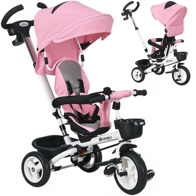 Qaba Tricycle 6 en 1 pour Tout-Petits avec Poignée de Poussée pour Parent, Rose. Conçu pour les Tout-Petits de 1 à 5 Ans, Ce Tricycle pour Enfants Comprend un Siège pour Bébé Rotatif, des Roues en EVA pour des Sorties Extérieures Fluides, et un Auvent Amovible avec Protection UV. Comprend une Poignée de Poussée Réglable, un Garde-Corps de Sécurité, un Harnais à 5 Points et des Paniers de Rangement pour Plus de Commodité.