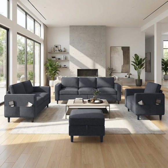 Mjkone Ensemble de Meubles de Salon 3 Pcs, Ensemble de Canapés Sectionnels et Sofas en Lin avec Pouf de Rangement pour Salon, 3 Places + Causeuse + Fauteuil d'Appoint + Pouf, Gris Foncé