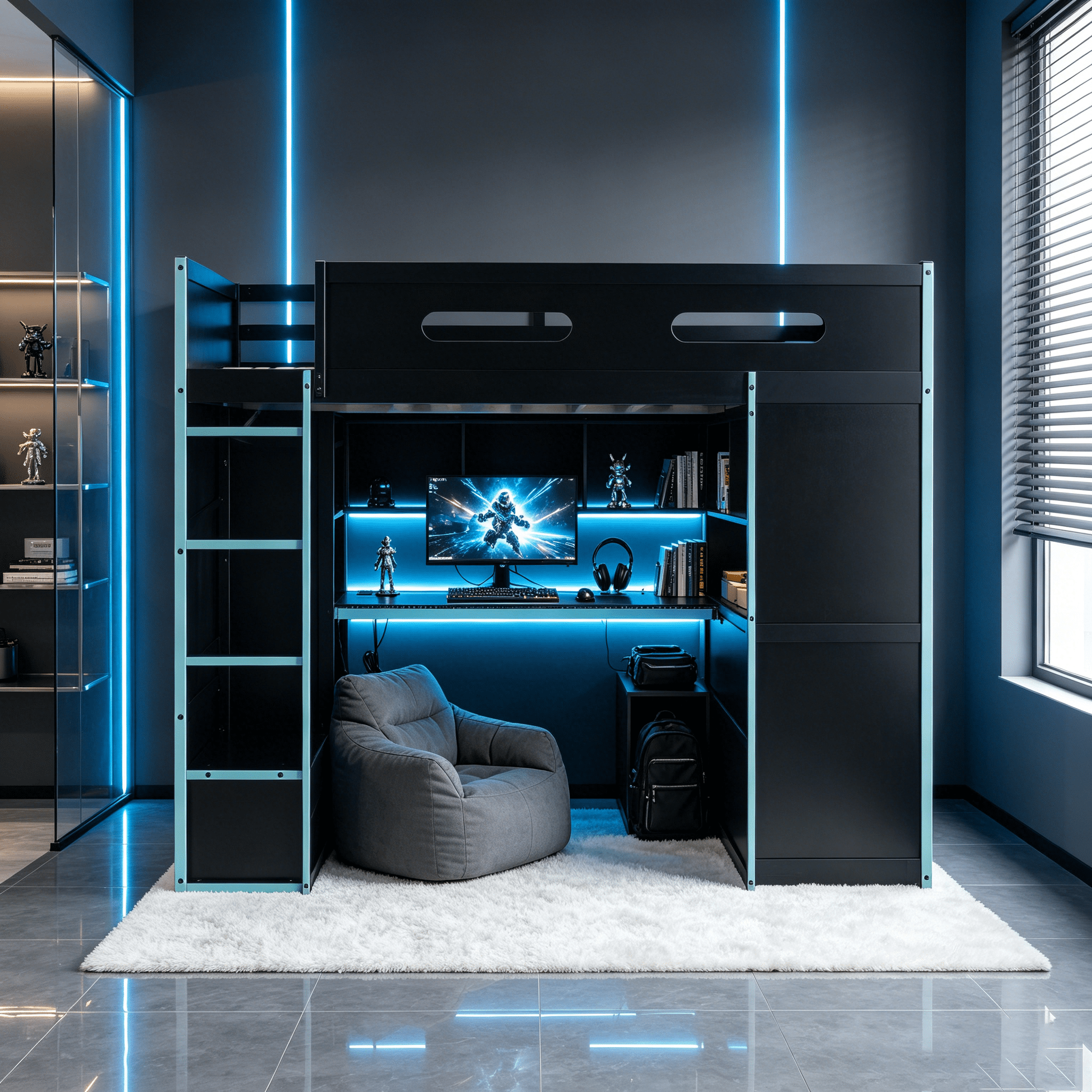 Homy Casa lit mezzanine double en bois avec bureau, armoire, tiroirs et RGB, bleu nuage