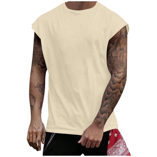 BADHUB Mens Workout Hooded Tank Tops Drawstring Muscle Stretch Sleeveless Solid Color Shirts Loose Gym Vest Clearance Beige S