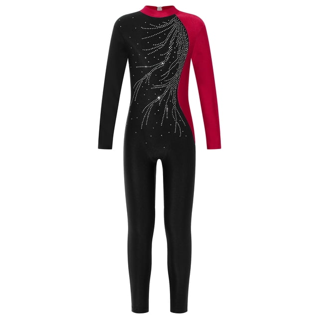 YONGHS Girls Long Sleeves Gymnastics Leotard Unitard Rhinestone Figure Skating Jumpsuit Bodysuit Burgundy 8