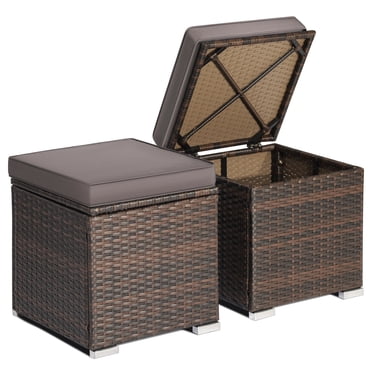 Patiojoy 2 Pieces Patio Ottoman Multipurpose Outdoor Wicker Footstool Storage Box Side Table w/ Solid Metal Frame Additional Seating w/ Removable Cushions Gray