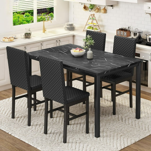 Stmoze Marble Dining Table Set for 4, Space Saving Kitchen Table with 4 PU Leather Upholstered Chairs, 5 Pieces Faux Marble Tabletop Dining Set for Small Space, Kitchen, Pub, Black