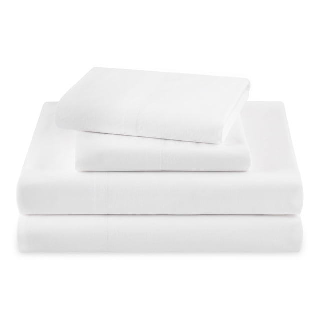 Beautiful Solid 4-Piece Percale White Sheet Set, Double by Drew Barrymore, folded to show one deep-pocket fitted sheet, one flat sheet, and two standard pillowcases made from 100% pre-washed cotton percale with a breathable 200-thread count weave, machine washable and OEKO-TEX® certified for safe, year-round comfort in Canadian bedrooms.