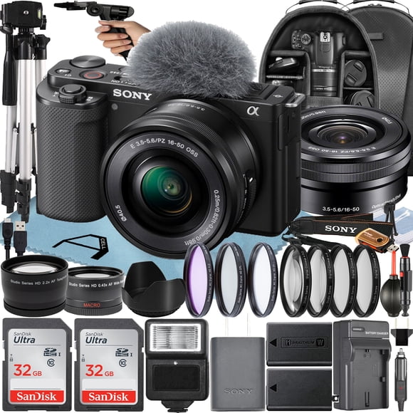 Sony Alpha ZV-E10 Mirrorless Vlog Camera With 16-50mm Lens + Two Pack 32GB Memory Card + Flash + Tripod + Backpack + A-Cell Mobility Accessory Bundle (Black)
