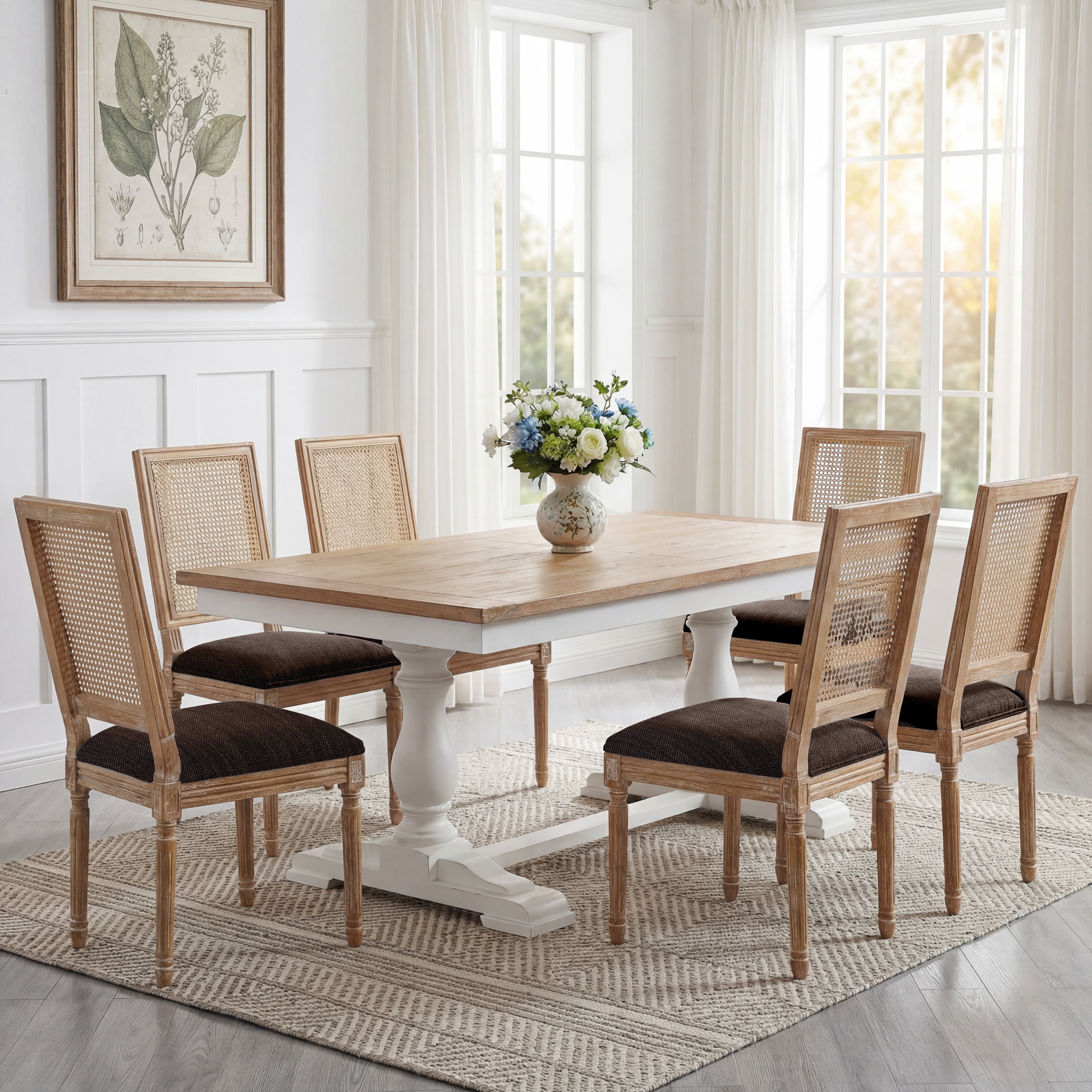 Noble House French Country Dining Chair Set of 2,Rectangular Cane Backrest,Brown