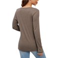 thumbnail image 3 of T-Shirt-Summer, Women's Solid Color V-Neck Pullover Button Long Sleeve,Brown, 3 of 7